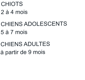 CHIOTS						 2 à 4 mois		   		  CHIENS ADOLESCENTS	5 à 7 mois		      		  CHIENS ADULTES			 à partir de 9 mois